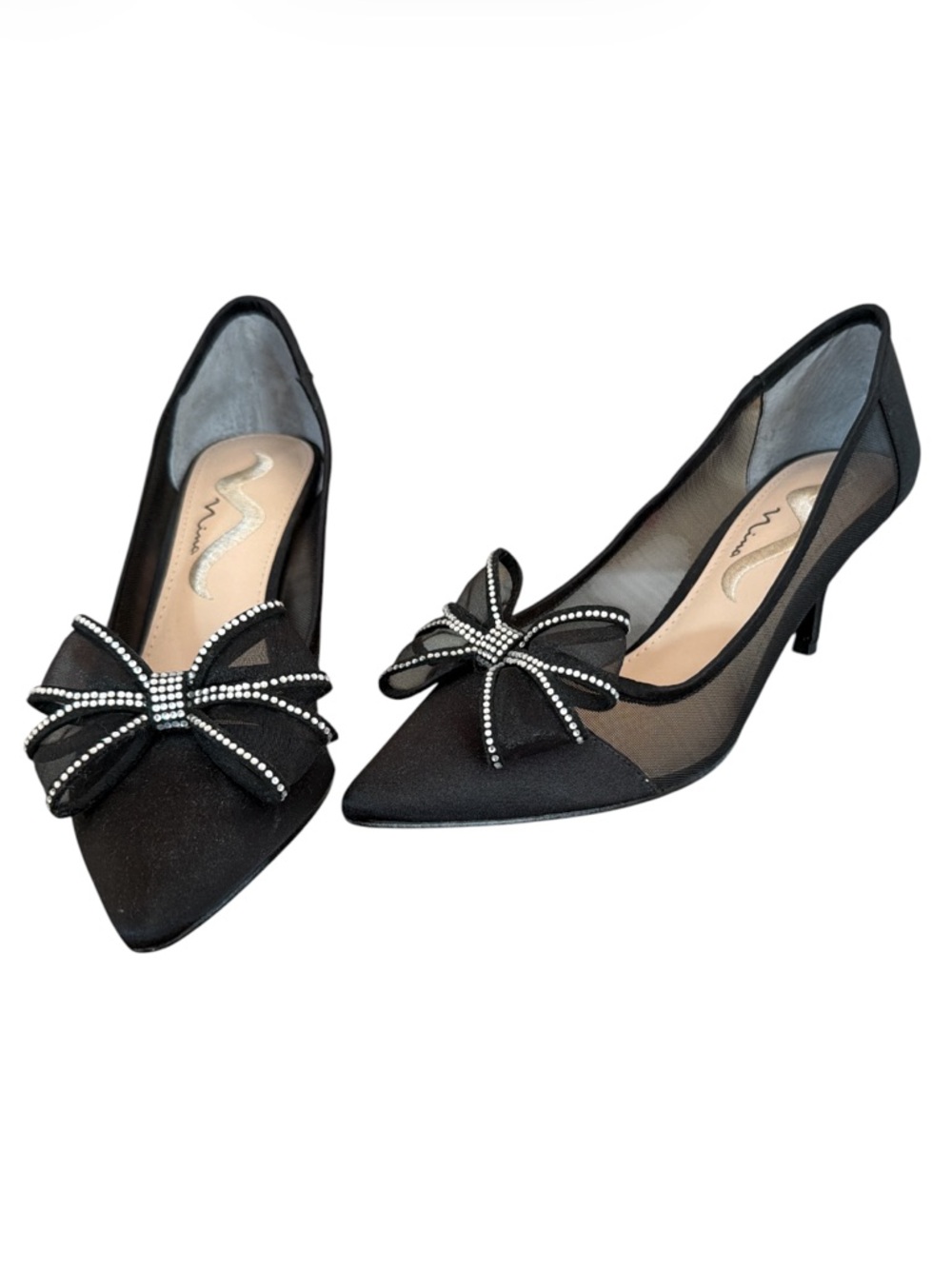 Nina “Brite" Black Mesh Satin Rhinestone Crystal Bow Pointed Toe Heels Size 8